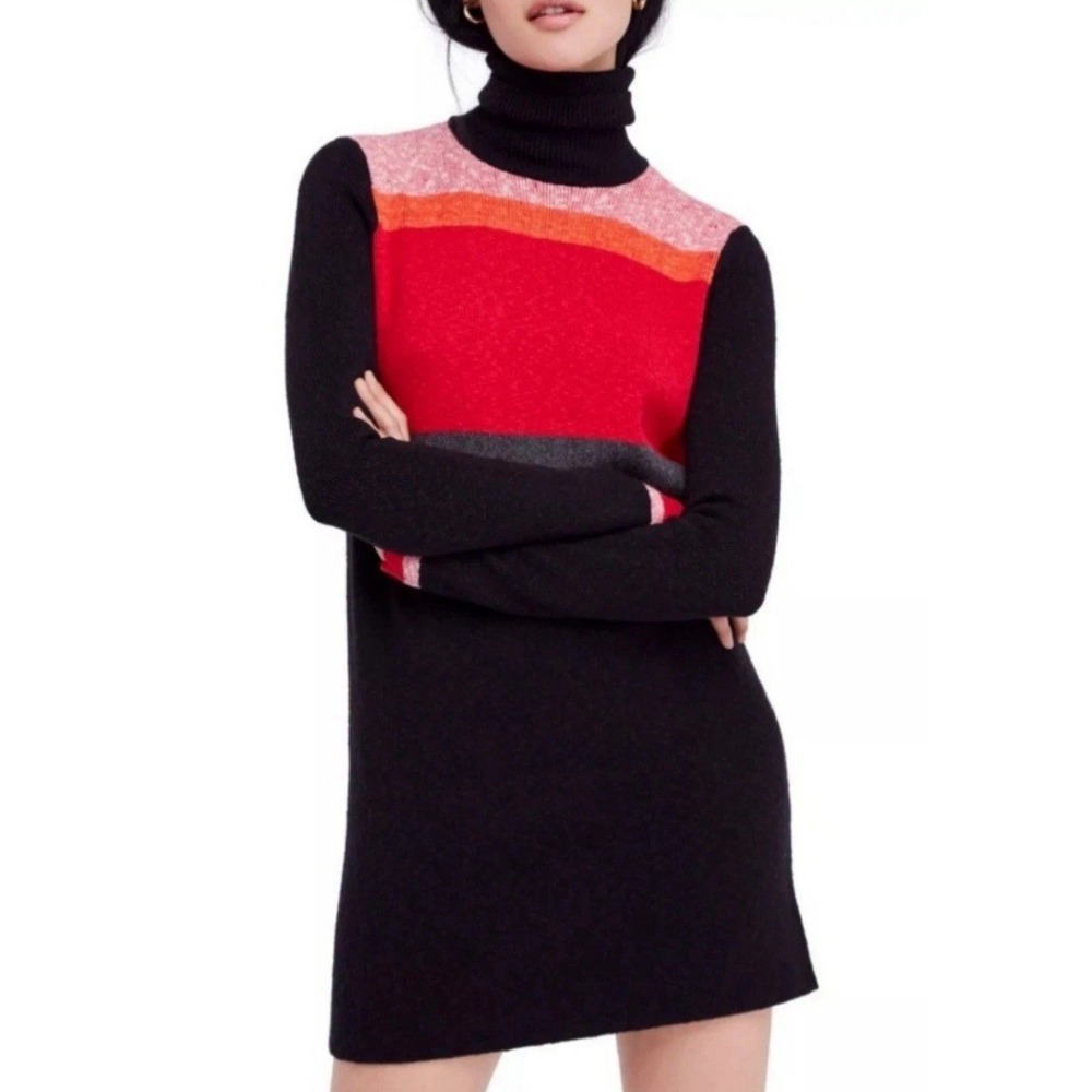 Free People Sweater Dress M WINTER BREAK Black Colorblock‎ Mod Twee Cozy